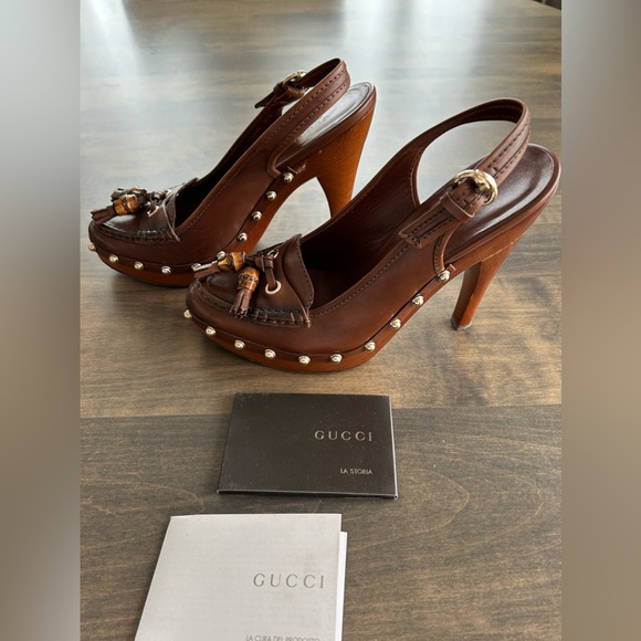 Authentic GUCCI Scar Pelle S Gomma Brown Slingbacks size 8 in original box - Picture 8 of 14